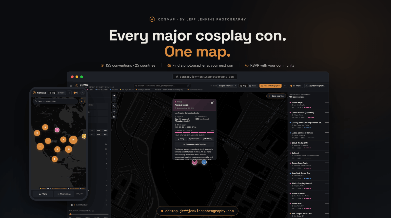ConMap by Jeff Jenkins Photography — every major cosplay con, one map. 155 conventions across 25 countries, find a photographer at your next con, RSVP with your community.