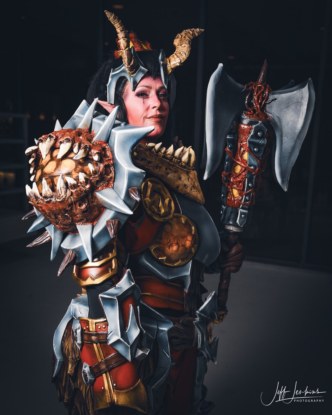 Cosplayer as Demonic Brigitte (Overwatch and Diablo), photographed by Jeff Jenkins