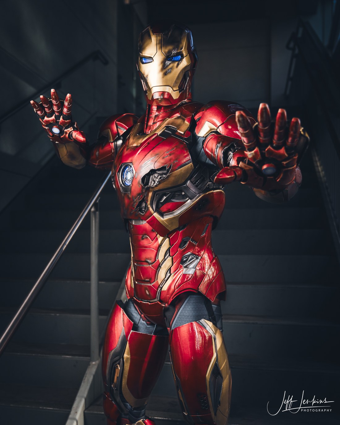 Cosplayer as a battle-damaged Iron Man Mark 45 (Marvel), photographed by Jeff Jenkins