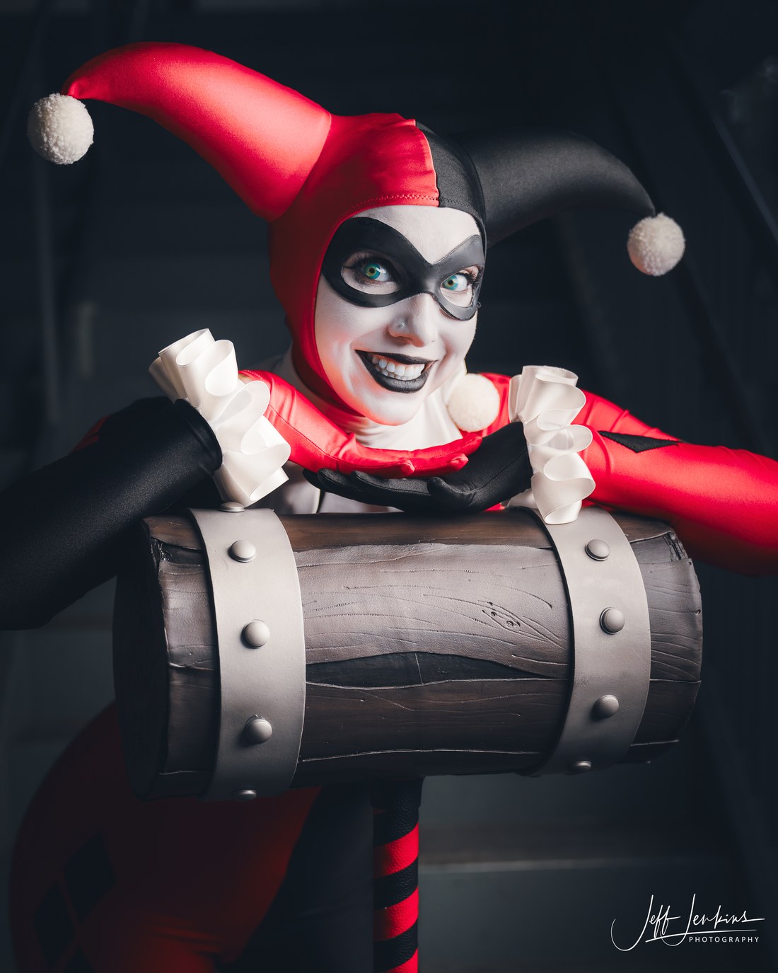 Cosplayer as the classic jester Harley Quinn (DC Comics), photographed by Jeff Jenkins